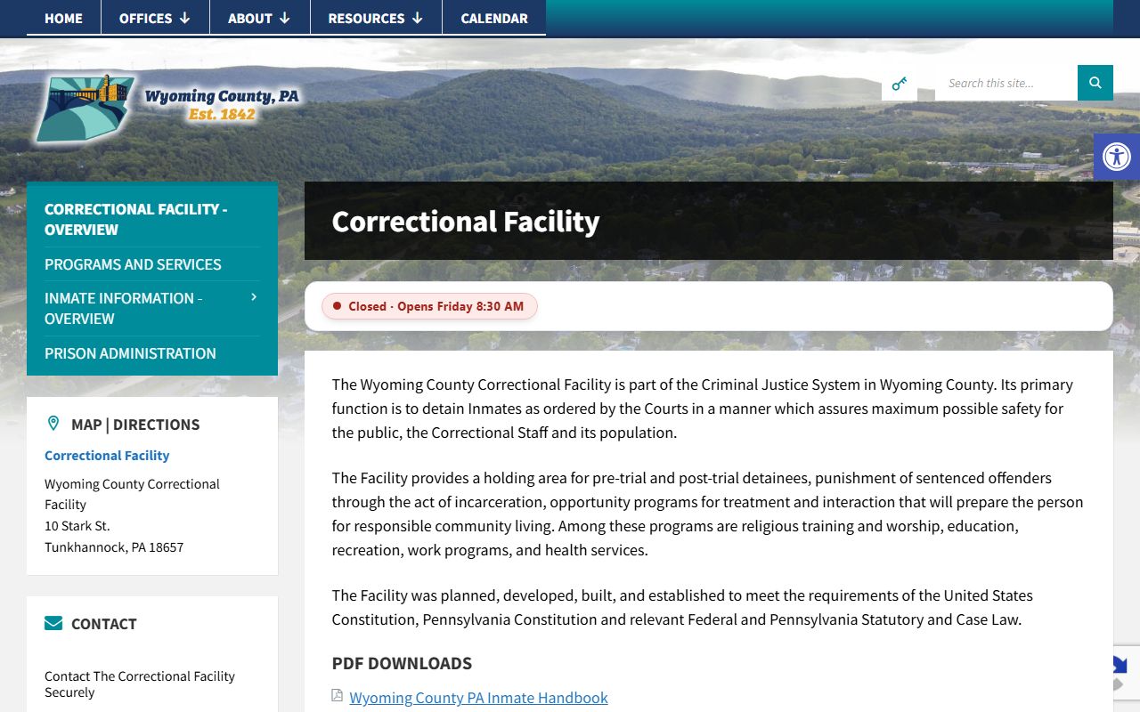 Wyoming County Correctional Facility inmate population overview page