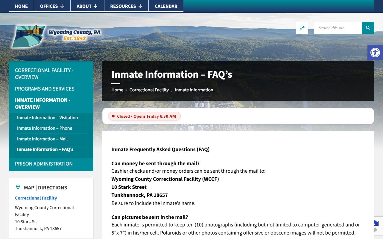 Wyoming County Correctional Facility inmate commissary and money rules