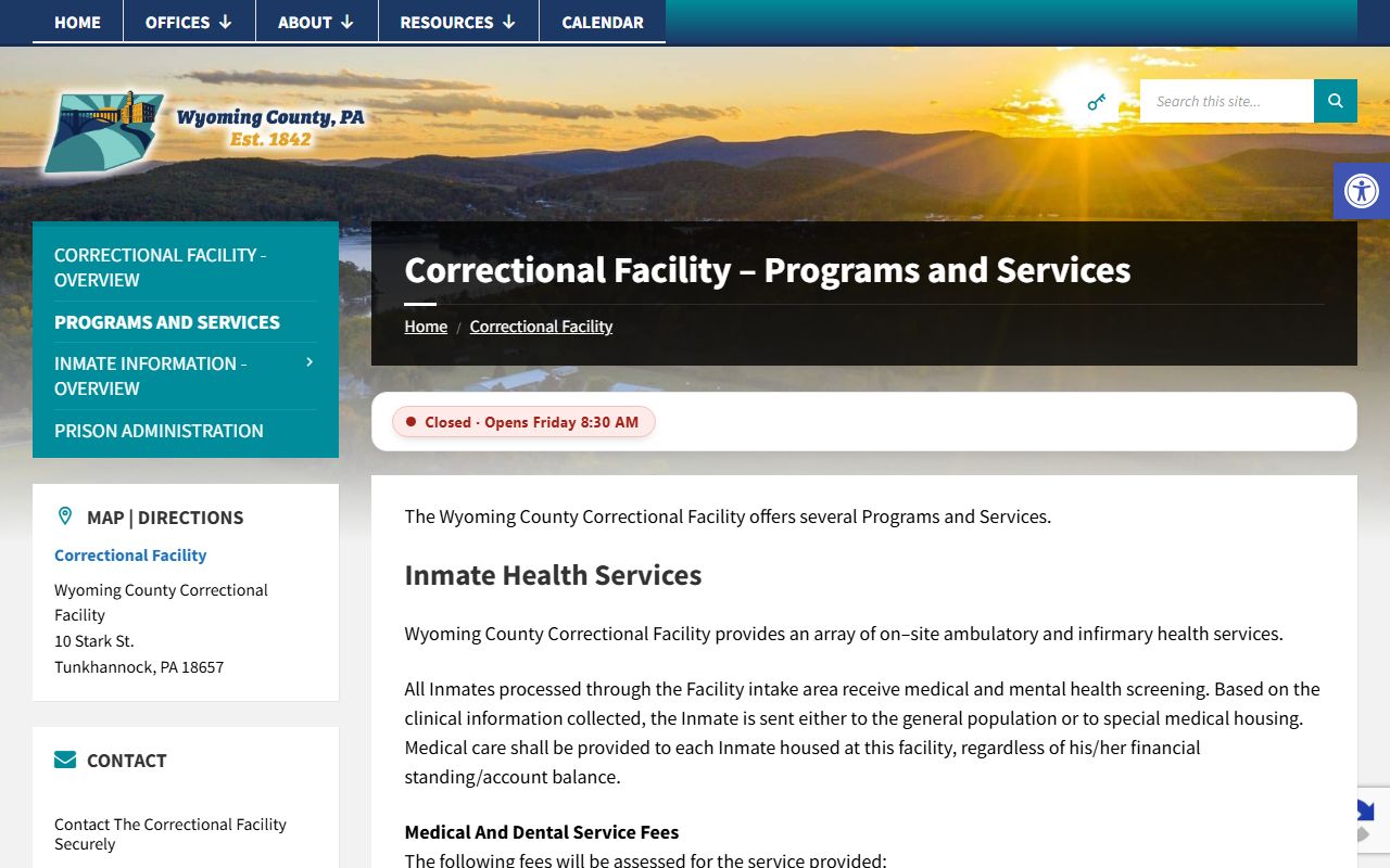 Wyoming County Correctional Facility inmate programs and services