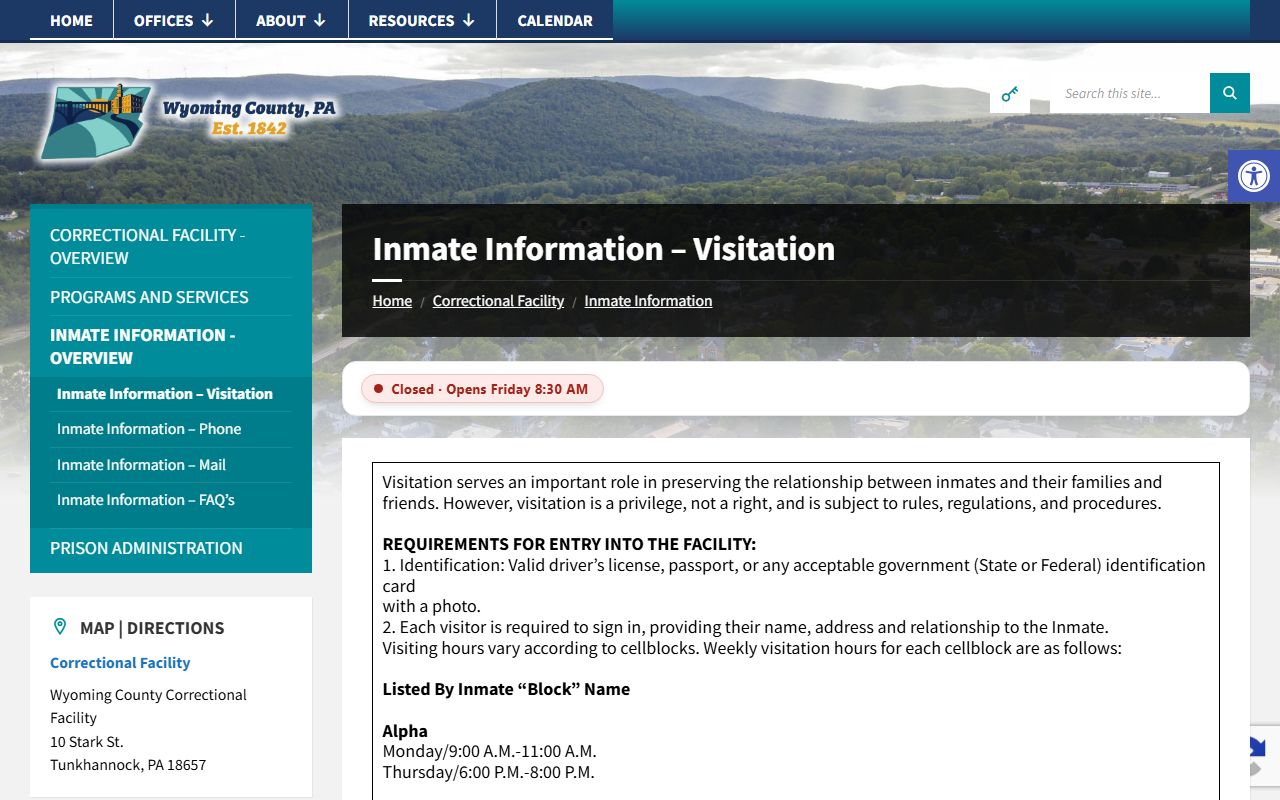 Wyoming County Correctional Facility visitation schedule for inmates