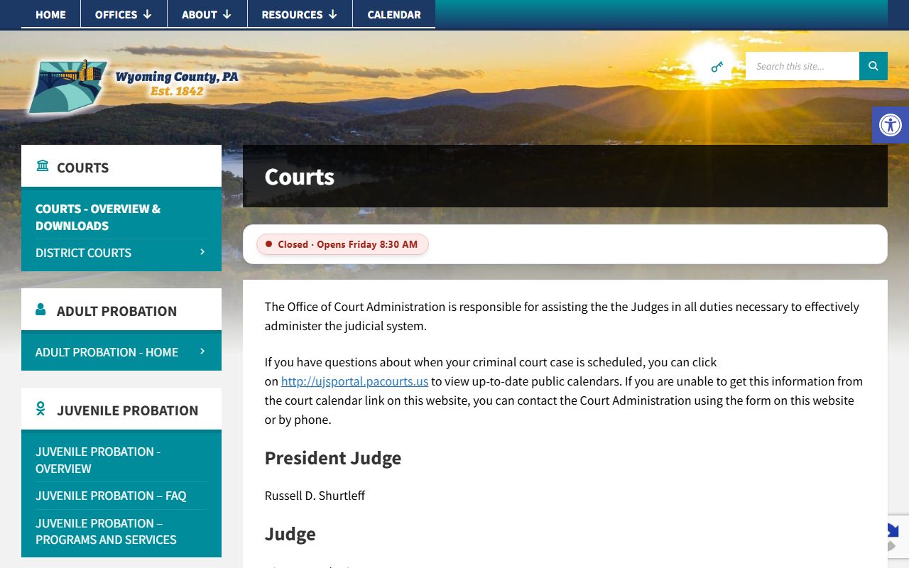 Wyoming County court records page with UJS court lookup resources