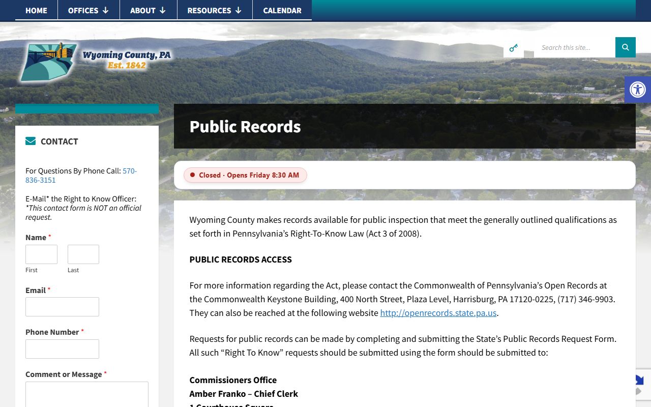 Wyoming County inmate records Right-to-Know request page